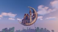 A small castle, suspended on a player-built crescent moon (Image via Mojang)